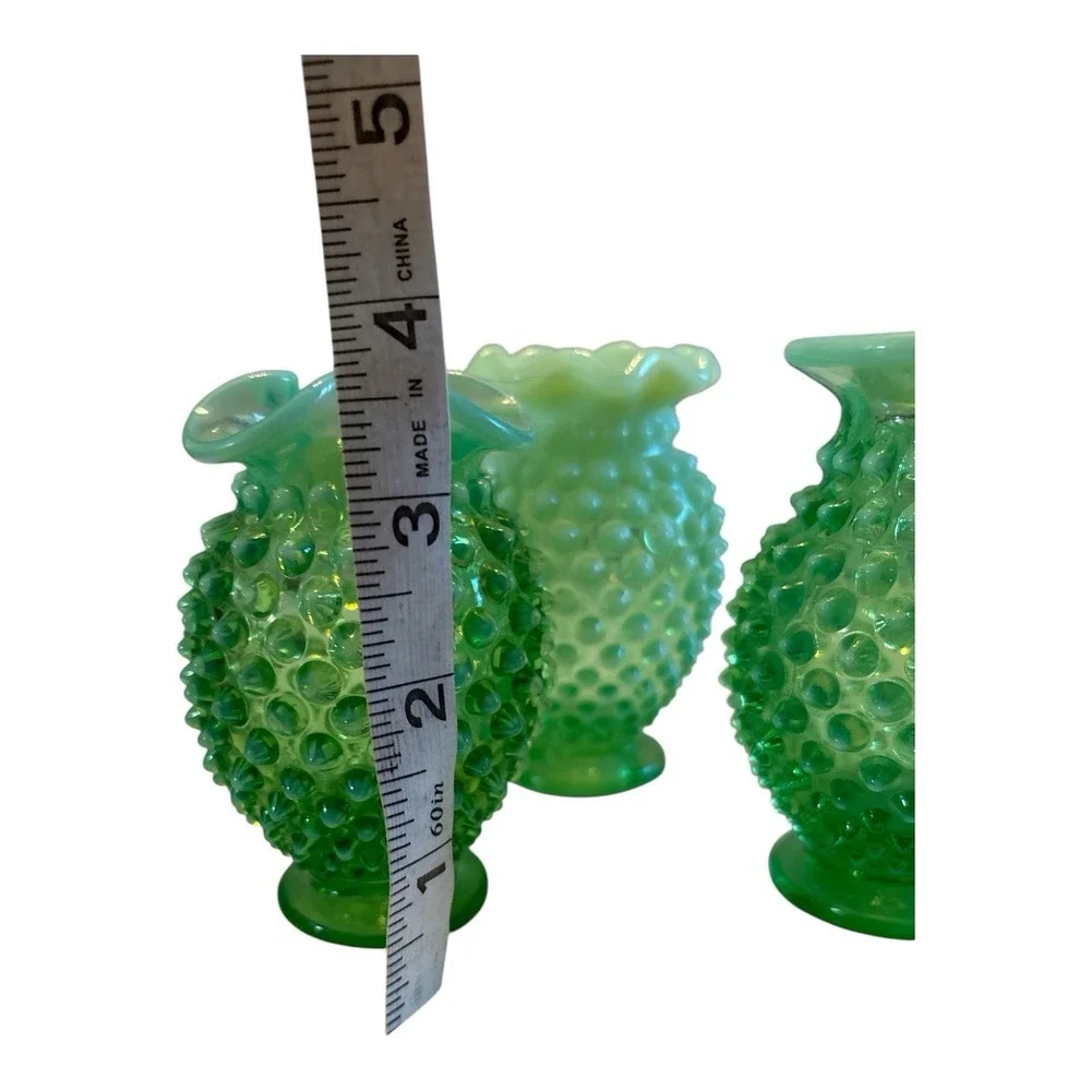Vintage Fenton Hobnail Vaseline Uranium Glass Bud Vase Set of 3 Green Glow #07